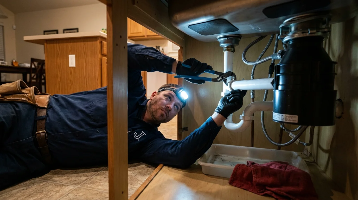 P-trap and supply line connections under a kitchen sink showing a common leak point in Diablo, CA